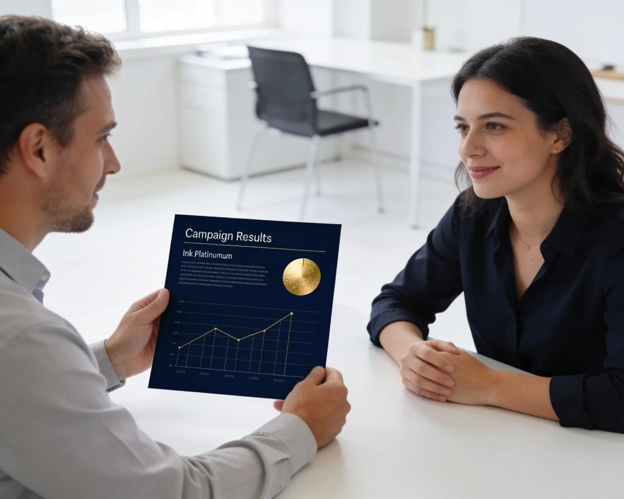 Agency owner presenting a white label targeted email campaign report to a client