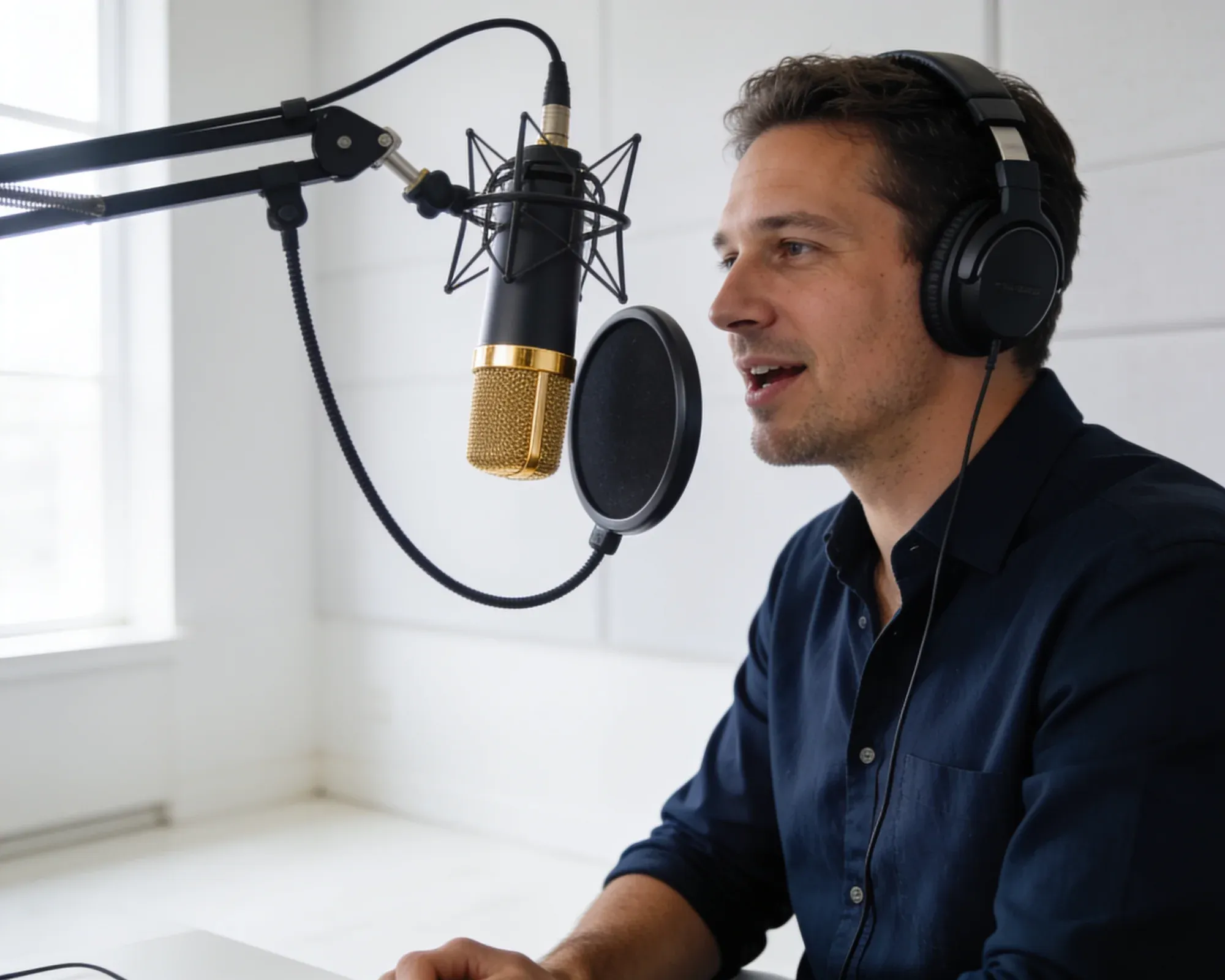 Business owner recording a professional podcast episode in a produced studio session