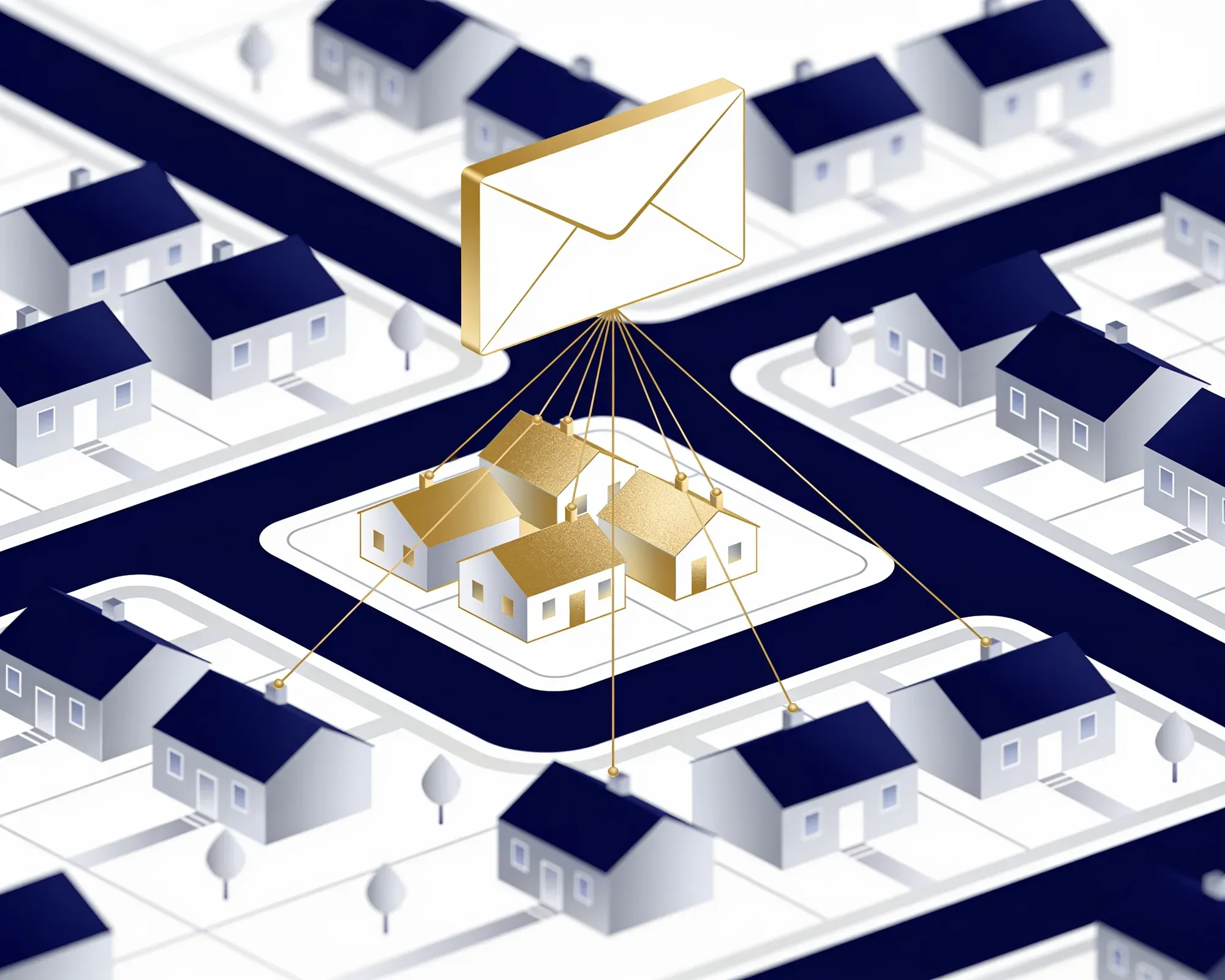 Targeted email marketing campaign reaching selected homeowners on a neighborhood map