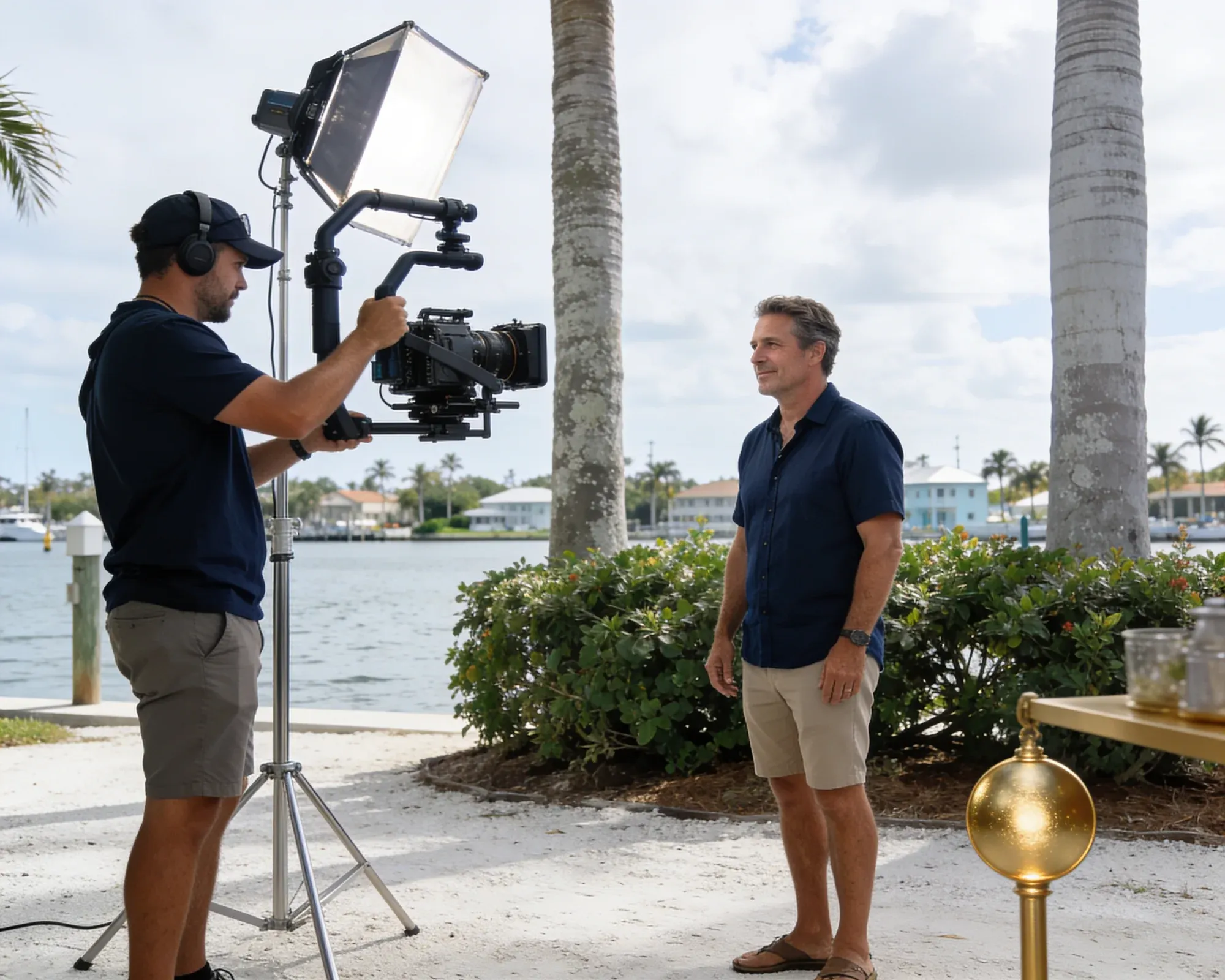 Commercial video production crew filming a local business on location in Sarasota